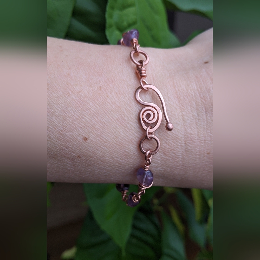 Moroccan Amethyst Bracelet-Artisan Crafted Copper Link Chain-Spiral Wave Focal